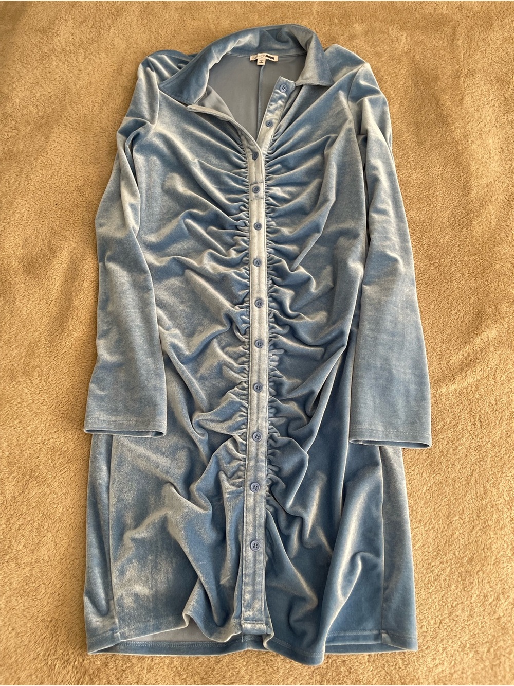 Fashion Nova Light Blue Velvet Ruched Long Sleeve Dress